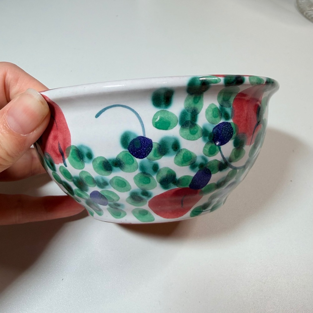 Studio Pottery Signed Hand Painted Floral Berry Ceramic Bowl Terracotta 5" - Picture 3 of 8
